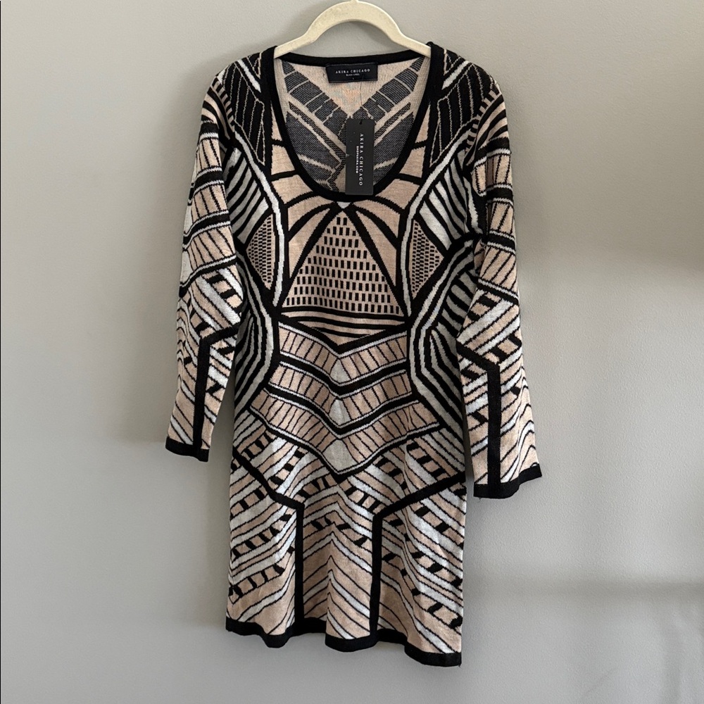 AKIRA Black and Cream Patterned Long Sleeve Sweater Dress